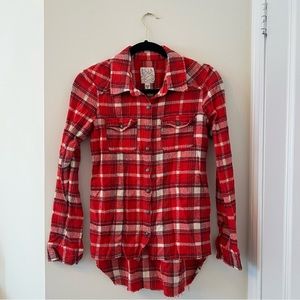 Billabong plaid shirt size small, distressed grunge style, frayed hem